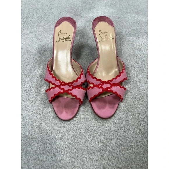 Christian Louboutin Vintage Pink Suede Scalloped Crisscross Rare Red Bottoms 37 - Picture 1 of 10